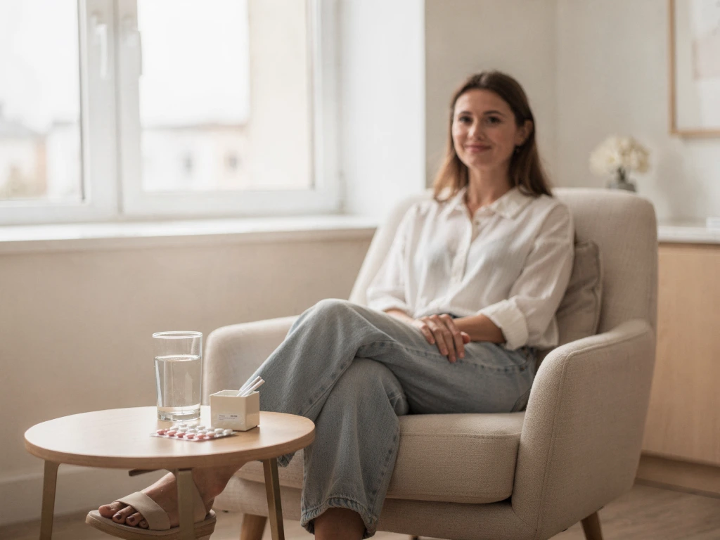 Woman sitting in a comfortable chair next to a table with a glass of water and medication pills